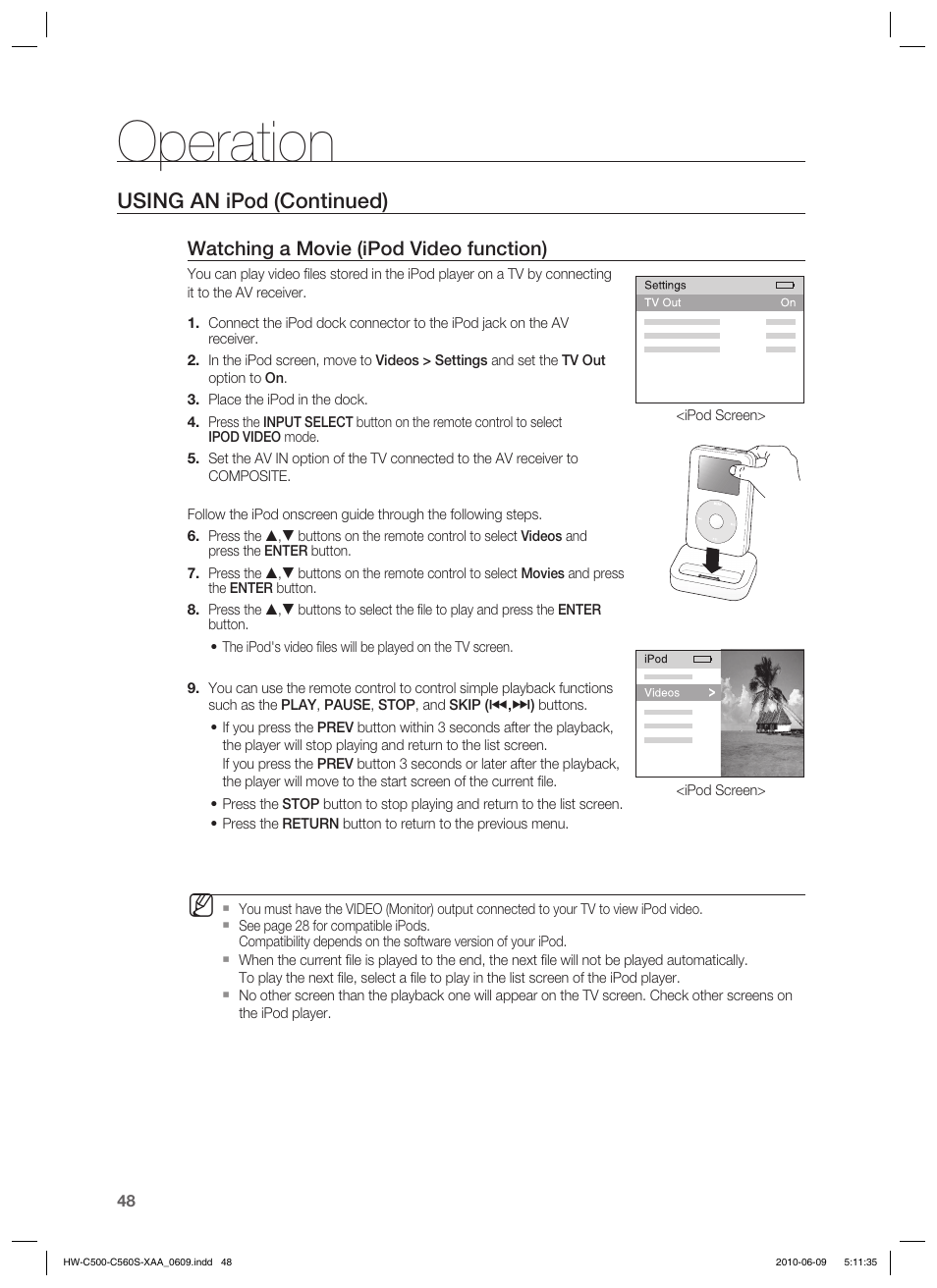 Operation, Using an ipod (continued), Watching a movie (ipod video function) | Samsung HW-C560S User Manual | Page 48 / 59