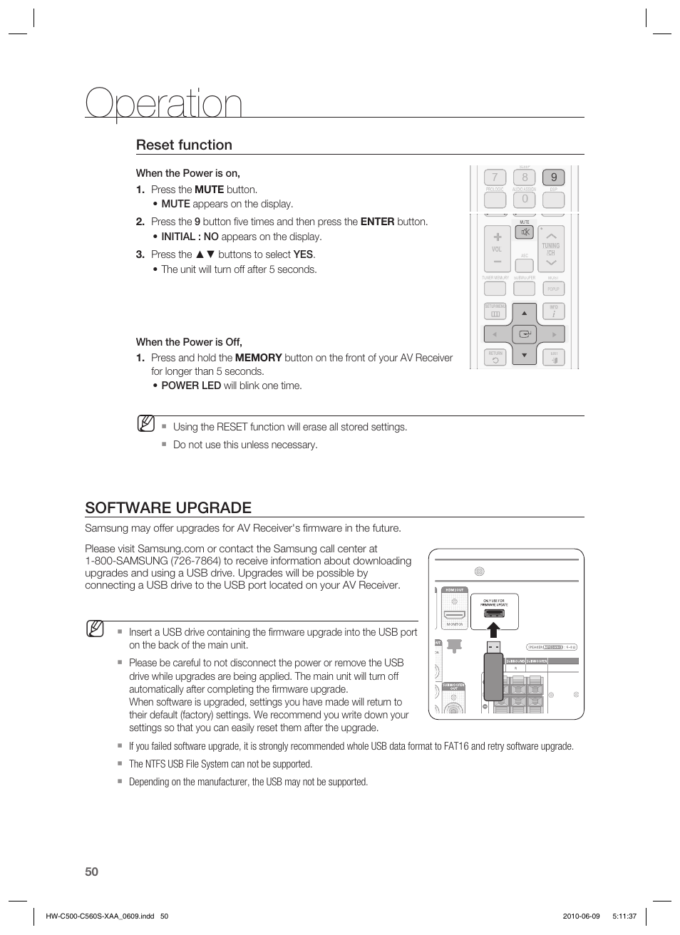 Operation, Software upgrade, Reset function | Samsung HW-C560S User Manual | Page 50 / 59