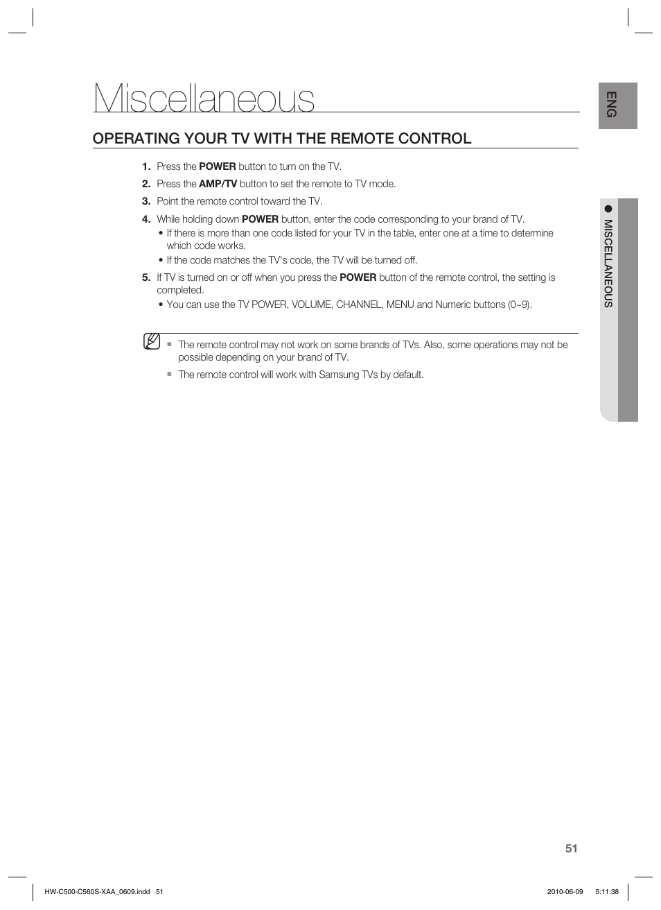 Miscellaneous, Operating your tv with the remote control | Samsung HW-C560S User Manual | Page 51 / 59