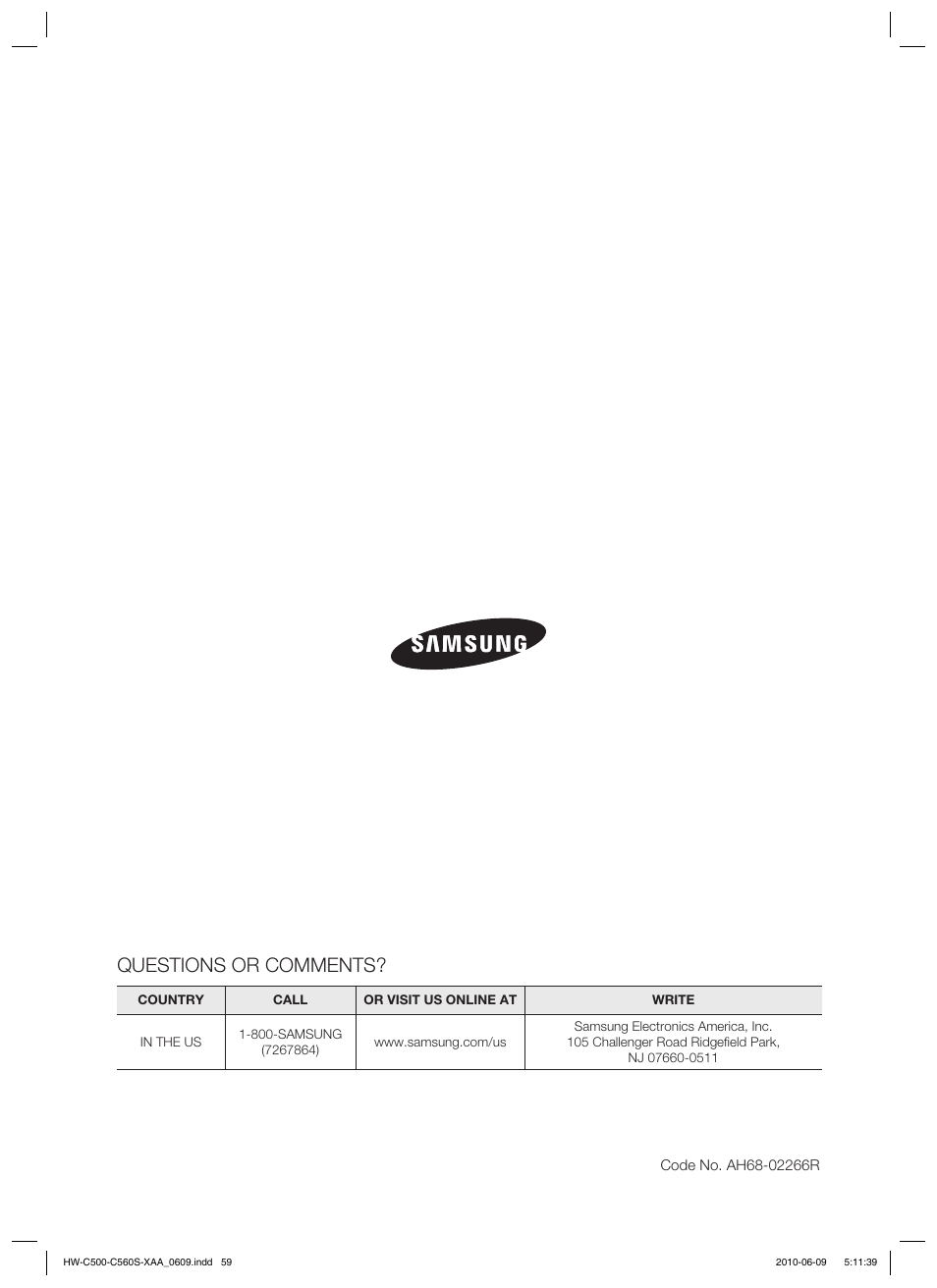 Questions or comments | Samsung HW-C560S User Manual | Page 59 / 59