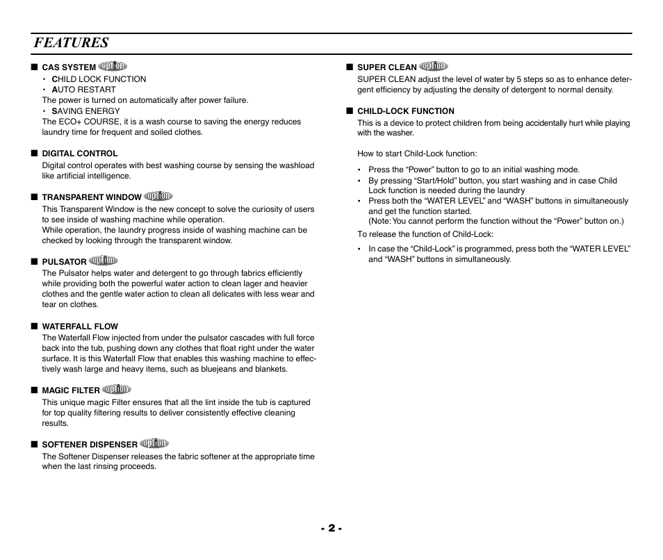 Features, Cas system, Digital control | Transparent window, Pulsator, Waterfall flow, Magic filter, Softener dispenser, Super clean, Child-lock function | Samsung DC68-01922A User Manual | Page 2 / 14