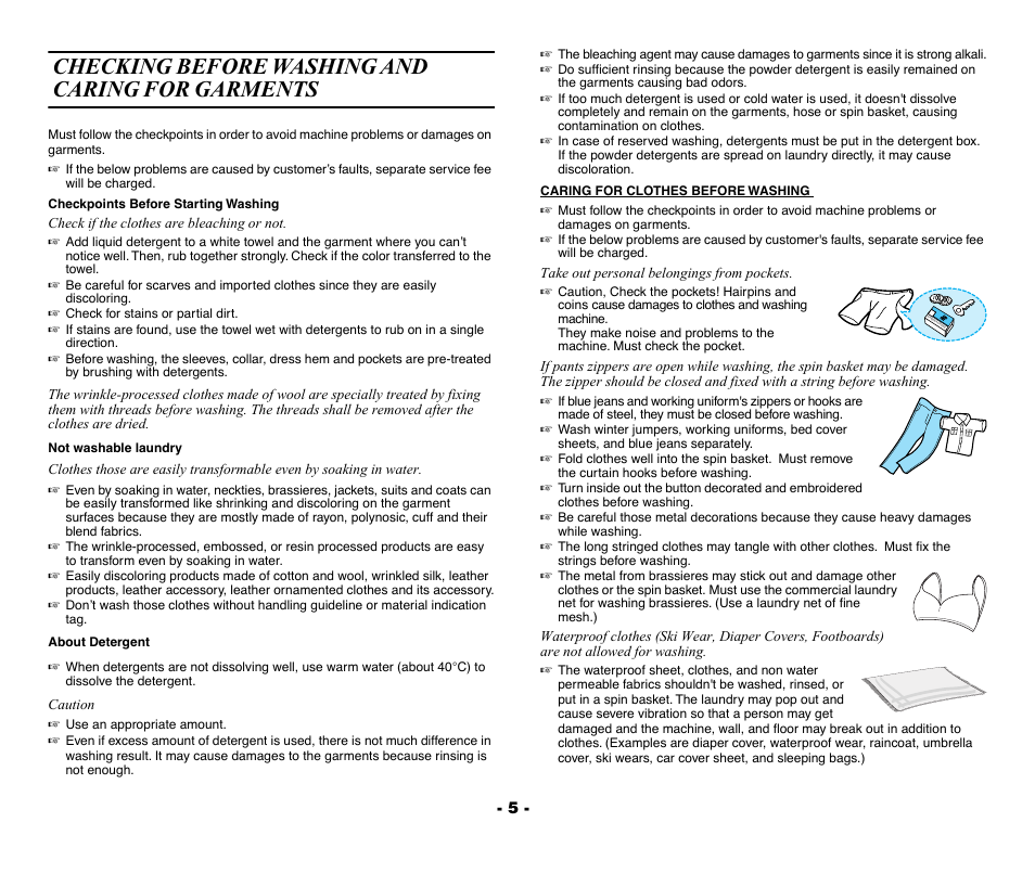 Checking before washing and caring for garments | Samsung DC68-01922A User Manual | Page 5 / 14