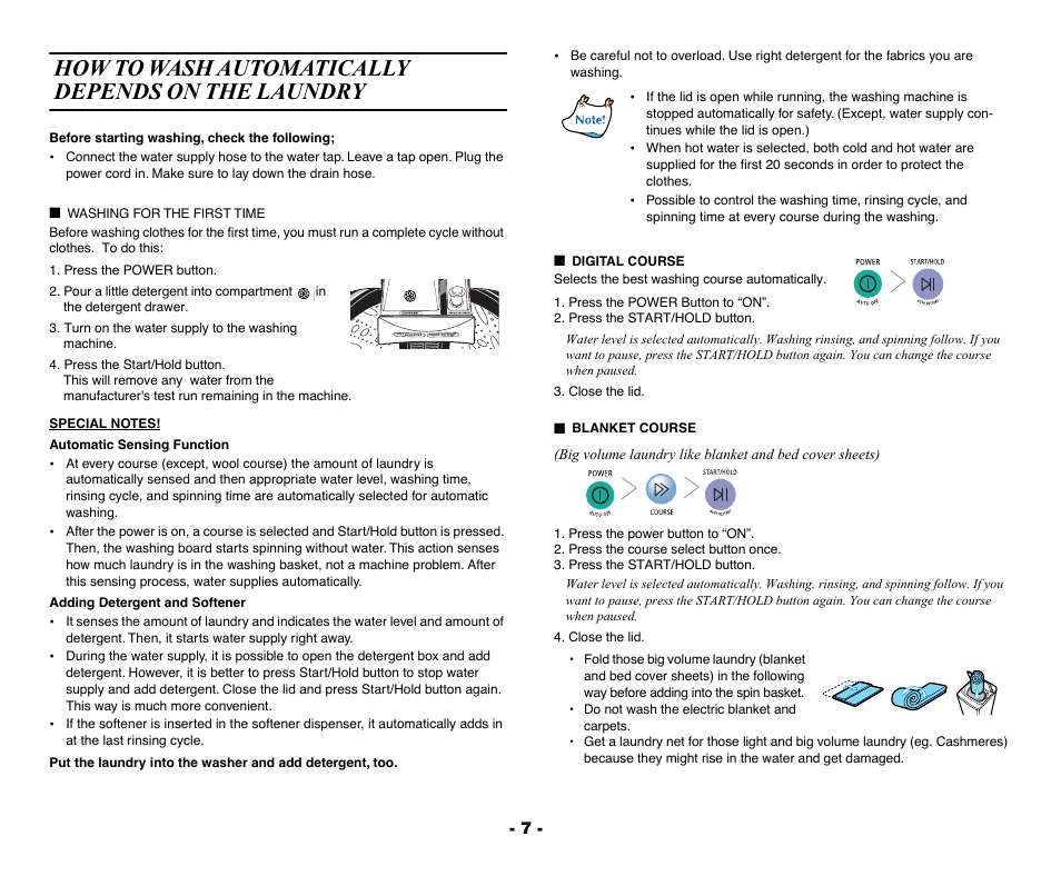 How to wash automatically depends on the laundry, Washing for the first time, Digital course | Blanket course | Samsung DC68-01922A User Manual | Page 7 / 14