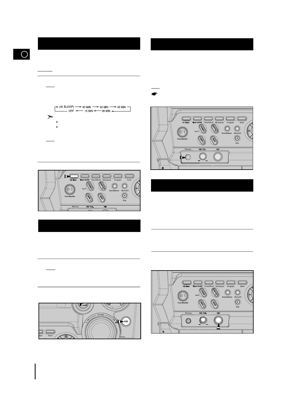 Setting the system to switch off automatically, Super bass sound, Connecting headphones | Microphone function, Super bass sound connecting headphones 1 2 3 4 | Samsung MAX-VB450 User Manual | Page 24 / 28