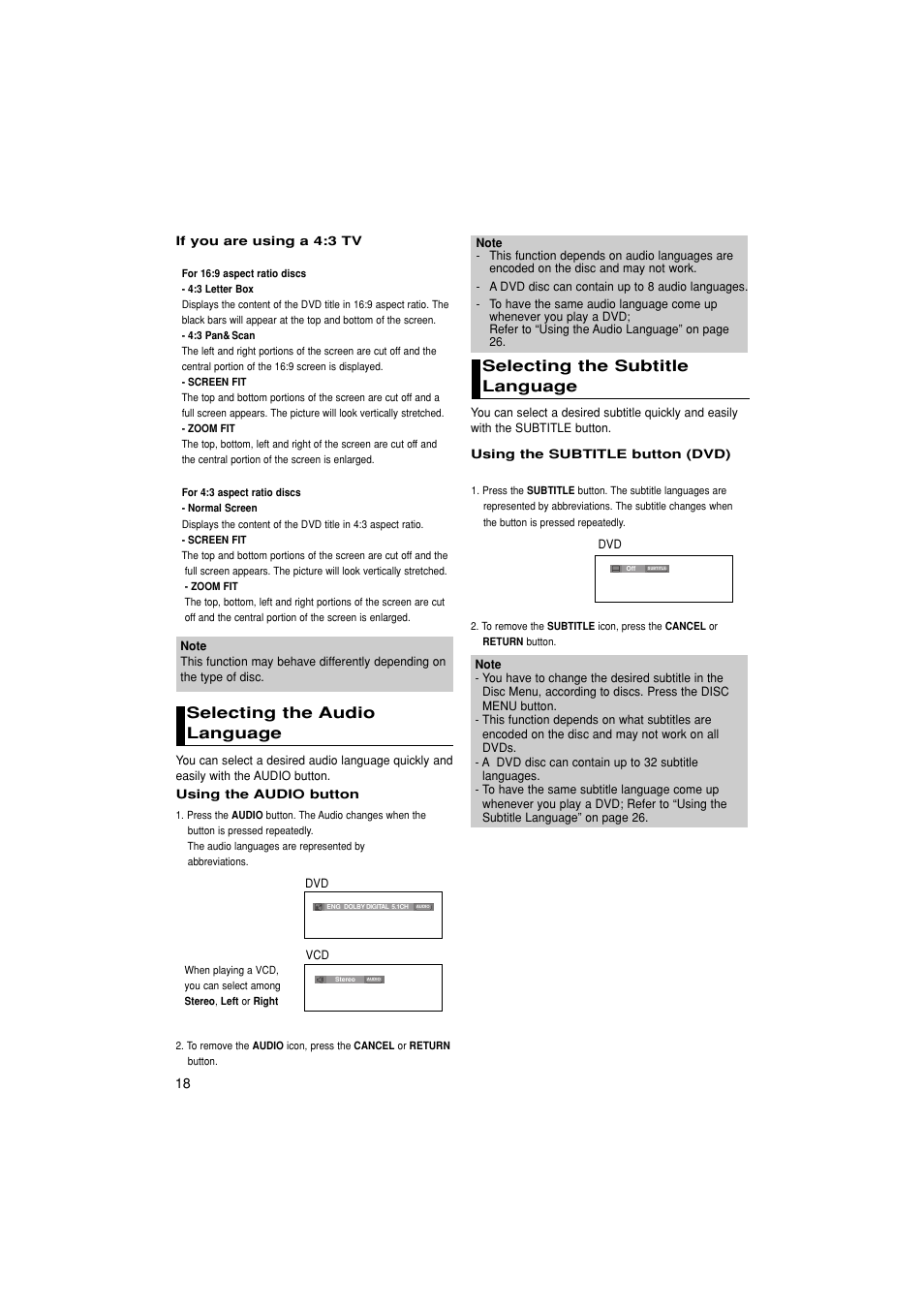 Selecting the audio language, Selecting the subtitle language | Samsung DVD-P280K User Manual | Page 18 / 38