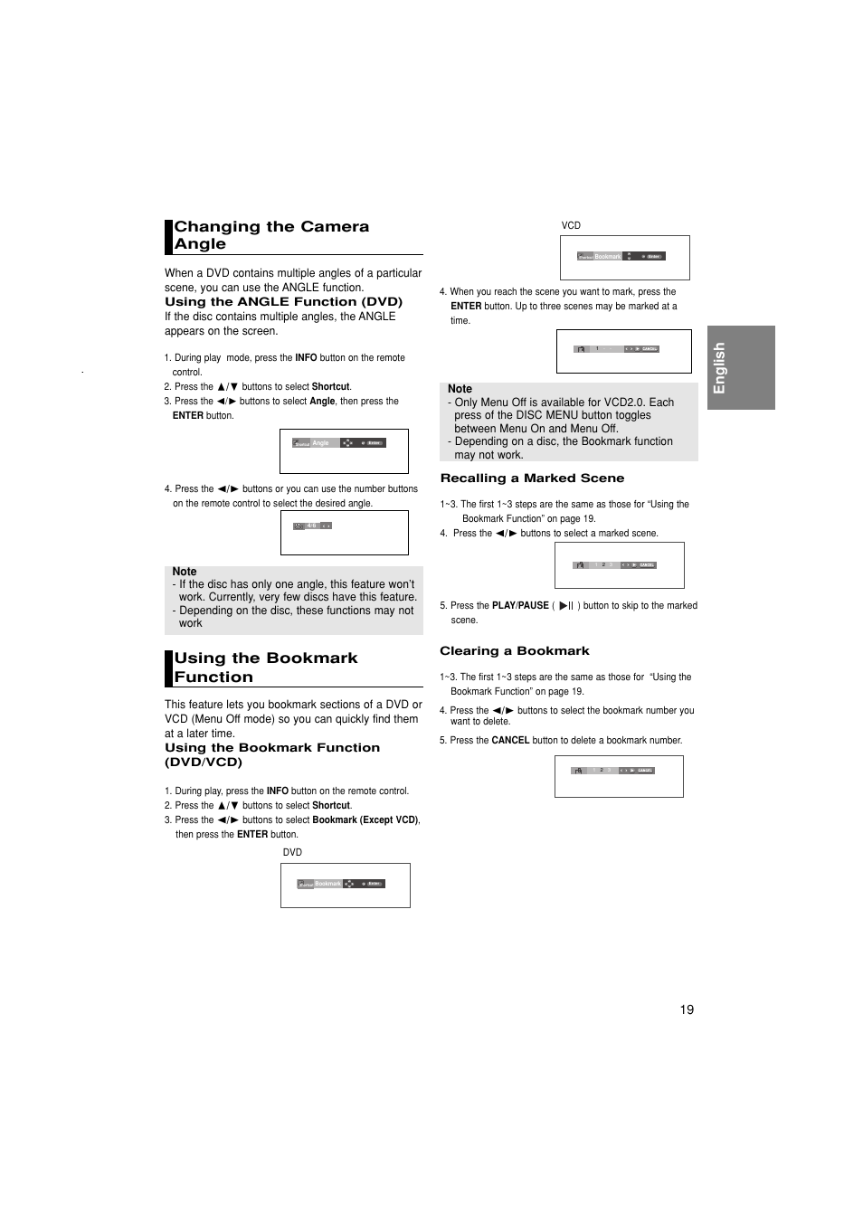 Changing the camera angle, Using the bookmark function, English changing the camera angle | Samsung DVD-P280K User Manual | Page 19 / 38