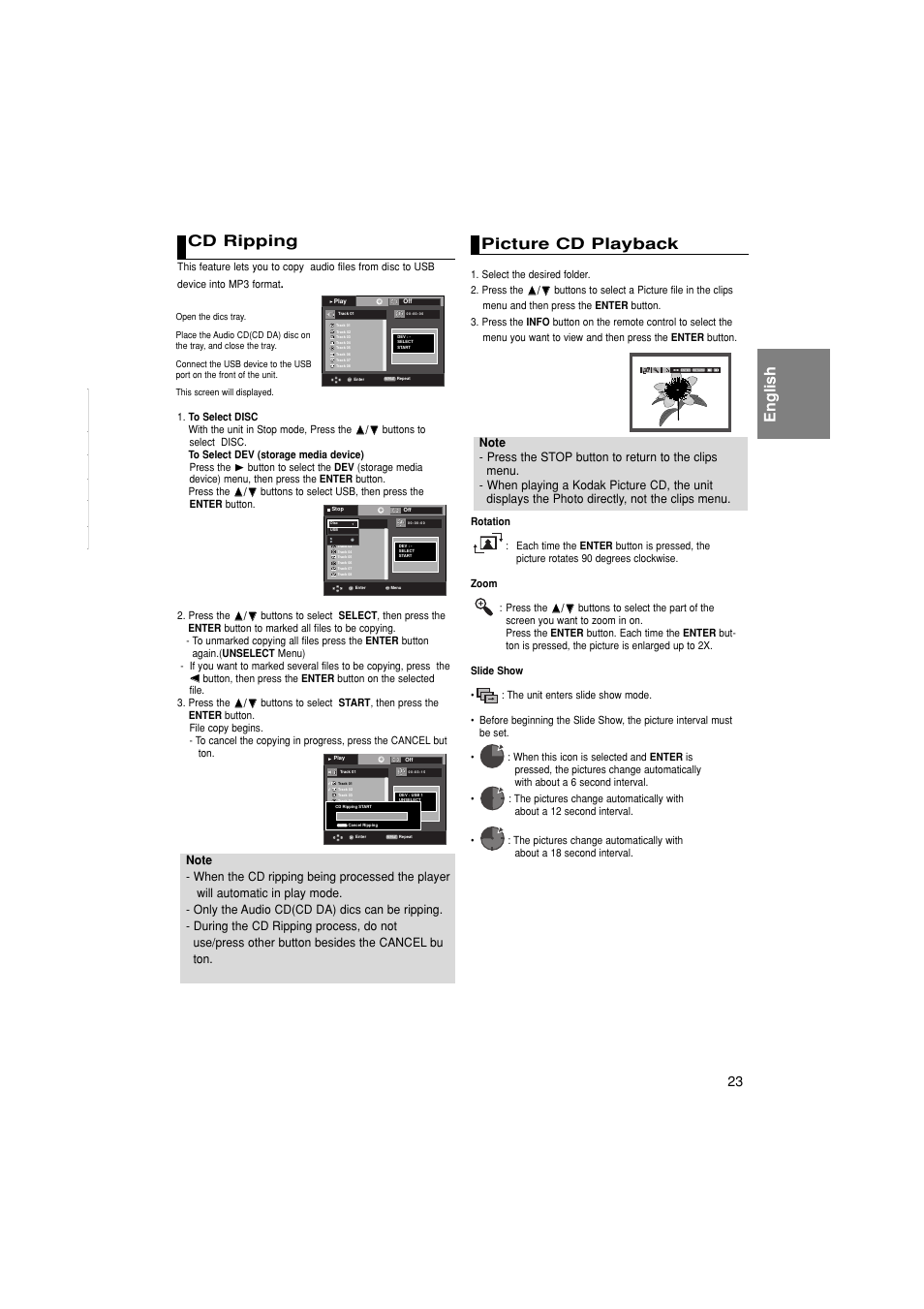 Cd ripping, Picture cd playback, English picture cd playback | Samsung DVD-P280K User Manual | Page 23 / 38