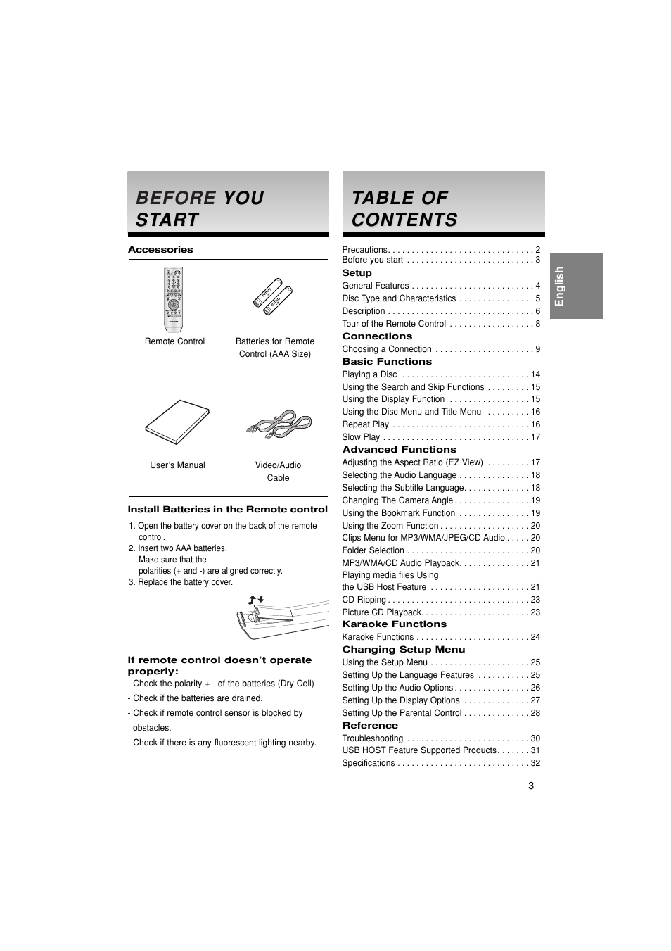 Before you start, Before, Before you you st st ar ar t t | Table of able of contents contents | Samsung DVD-P280K User Manual | Page 3 / 38