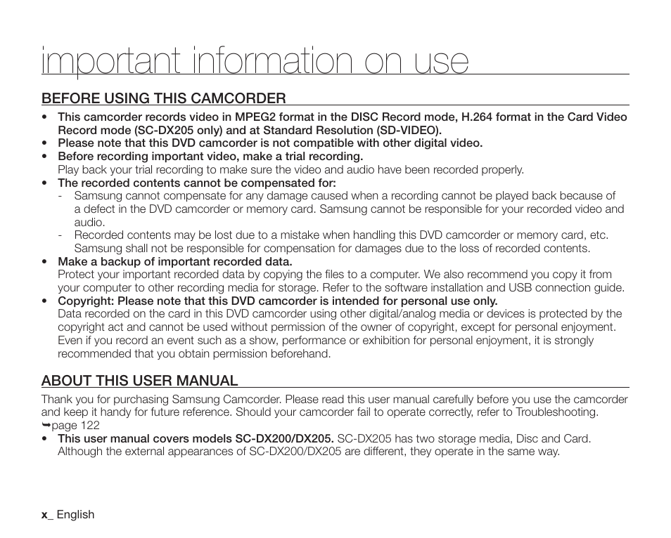 Important information on use, Before using this camcorder, About this user manual | Samsung SC-DX200 User Manual | Page 10 / 147