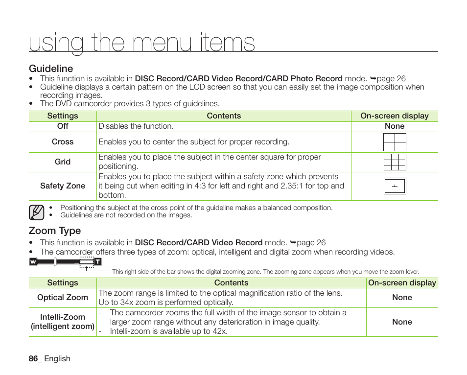 Using the menu items | Samsung SC-DX200 User Manual | Page 100 / 147