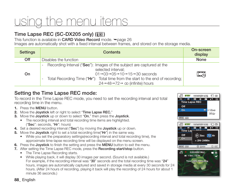 Using the menu items, Time lapse rec (sc-dx205 only) ( ), Setting the time lapse rec mode | Samsung SC-DX200 User Manual | Page 102 / 147