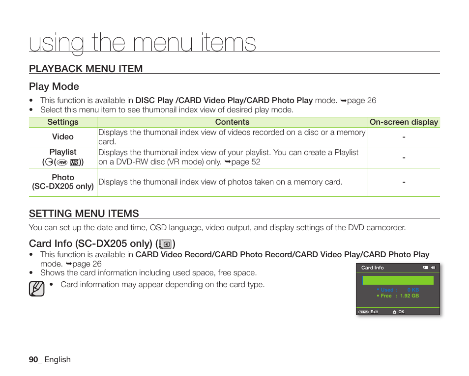 Playback menu item, Using the menu items, Playback menu item play mode | Setting menu items, Card info (sc-dx205 only) ( ) | Samsung SC-DX200 User Manual | Page 104 / 147