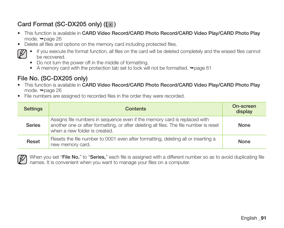 Card format (sc-dx205 only) ( ), File no. (sc-dx205 only) | Samsung SC-DX200 User Manual | Page 105 / 147