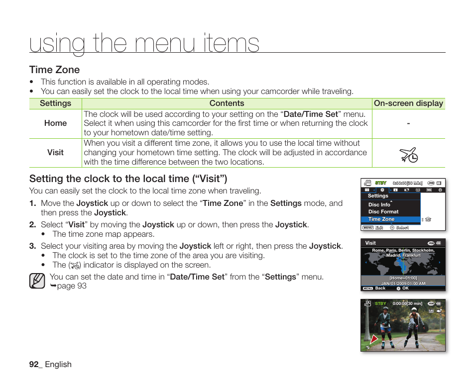 Using the menu items, Time zone, Setting the clock to the local time (“visit”) | Samsung SC-DX200 User Manual | Page 106 / 147