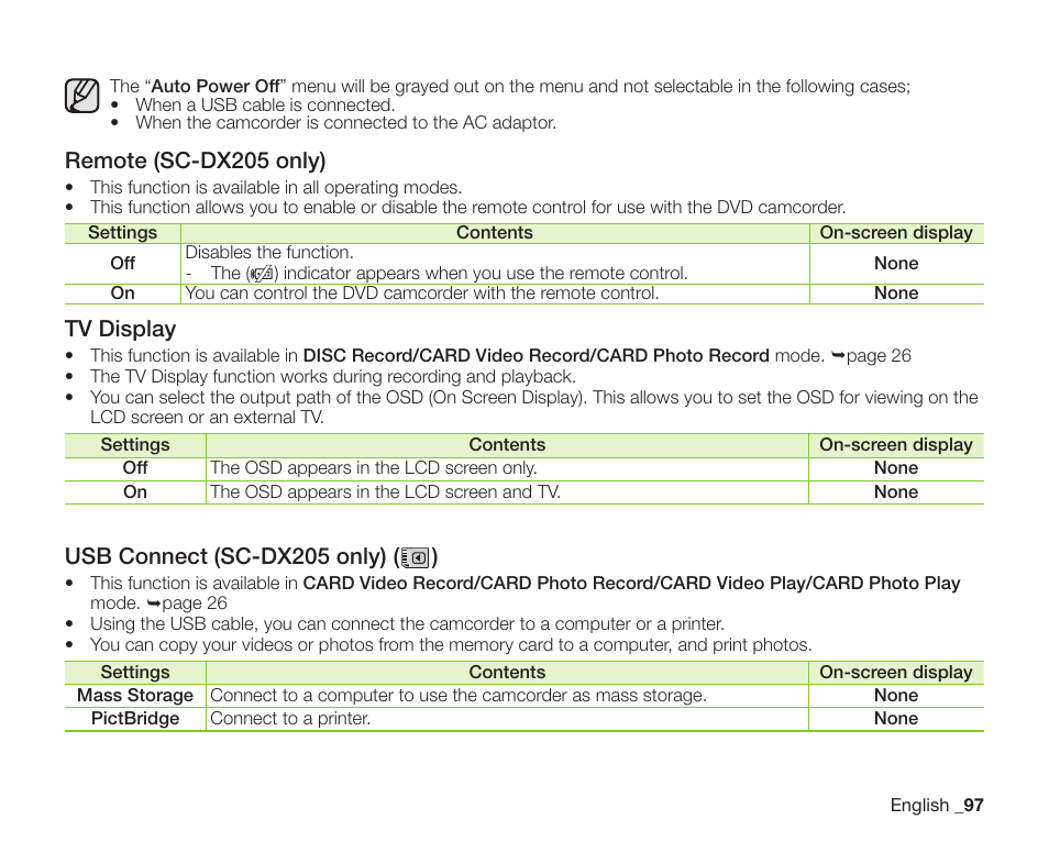 Remote (sc-dx205 only), Tv display, Usb connect (sc-dx205 only) ( ) | Samsung SC-DX200 User Manual | Page 111 / 147