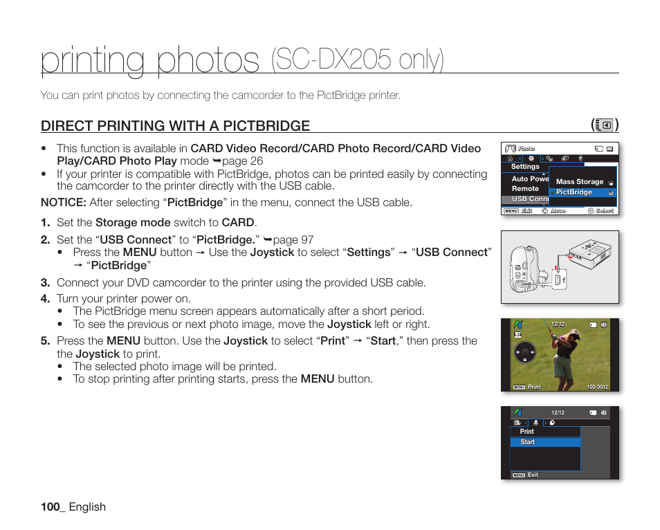 Printing photos (sc-dx205 only), Direct printing with a pictbridge, Printing photos | Sc-dx205 only), Direct printing with a pictbridge ( ) | Samsung SC-DX200 User Manual | Page 114 / 147