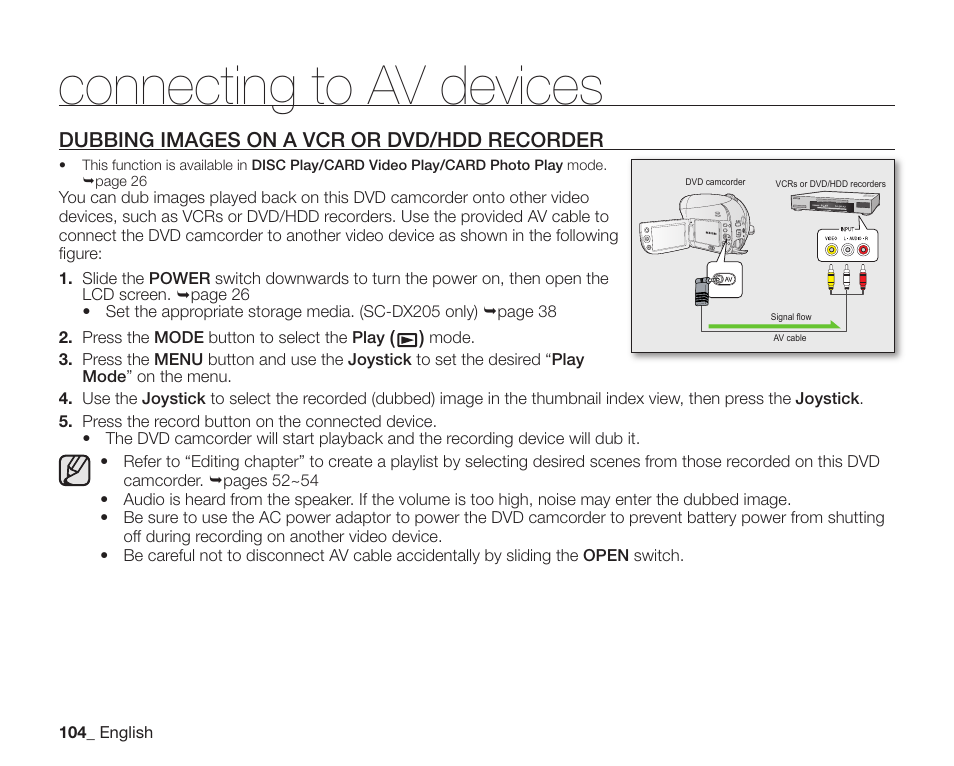 Dubbing images on a vcr or dvd/hdd recorder, Connecting to av devices | Samsung SC-DX200 User Manual | Page 118 / 147