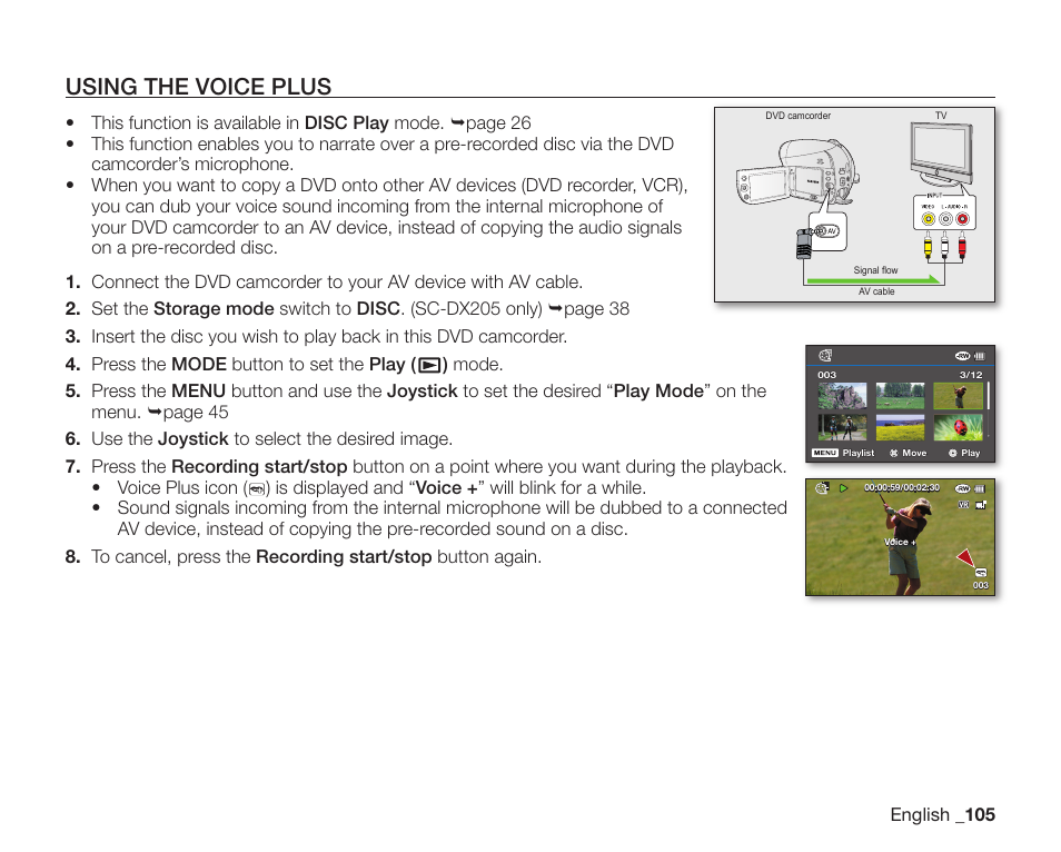 Using the voice plus | Samsung SC-DX200 User Manual | Page 119 / 147