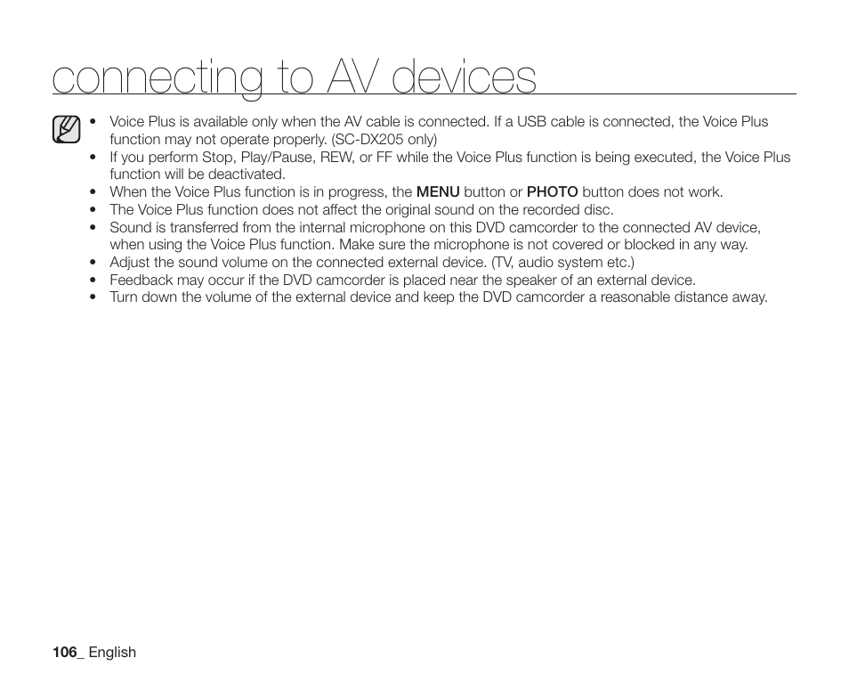 Connecting to av devices | Samsung SC-DX200 User Manual | Page 120 / 147