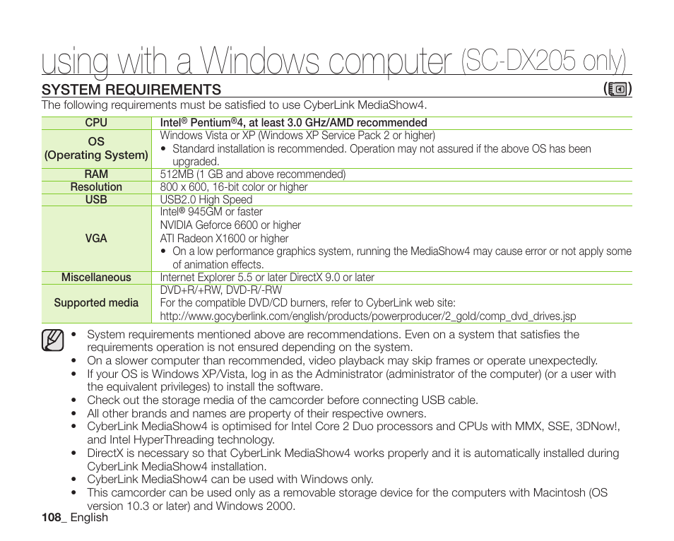 Using with a windows computer (sc-dx205 only), System requirements, Using with a windows computer | Sc-dx205 only) | Samsung SC-DX200 User Manual | Page 122 / 147