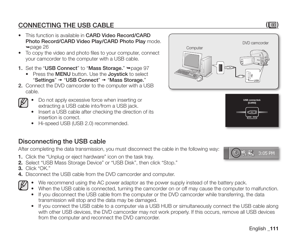 Connecting the usb cable, Connecting the usb cable ( ), Disconnecting the usb cable | Samsung SC-DX200 User Manual | Page 125 / 147