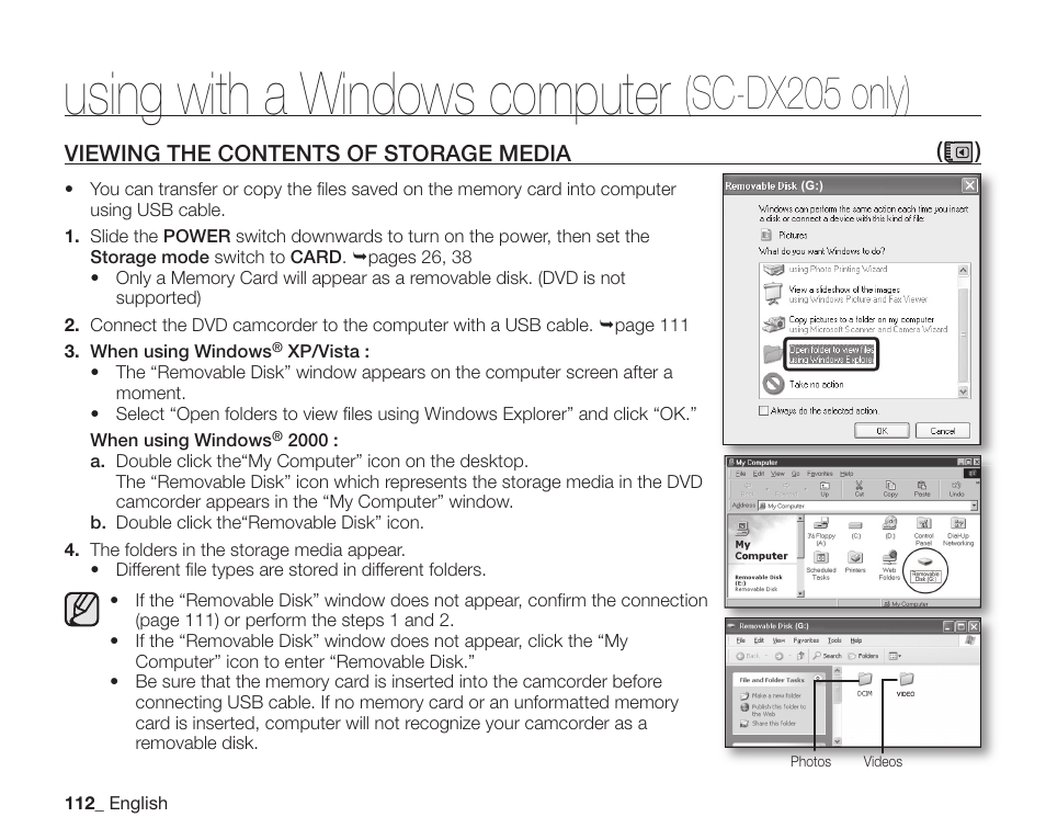 Viewing the contents of storage media, Using with a windows computer, Sc-dx205 only) | Samsung SC-DX200 User Manual | Page 126 / 147