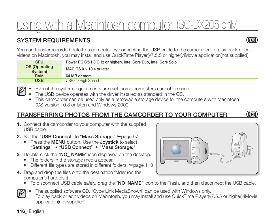 Using with a macintosh computer (sc-dx205 only), System requirements, Using with a macintosh computer | Sc-dx205 only) | Samsung SC-DX200 User Manual | Page 130 / 147