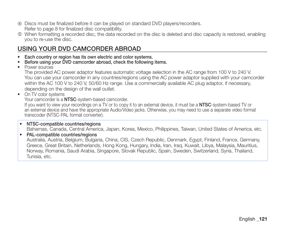 Using your dvd camcorder abroad | Samsung SC-DX200 User Manual | Page 135 / 147