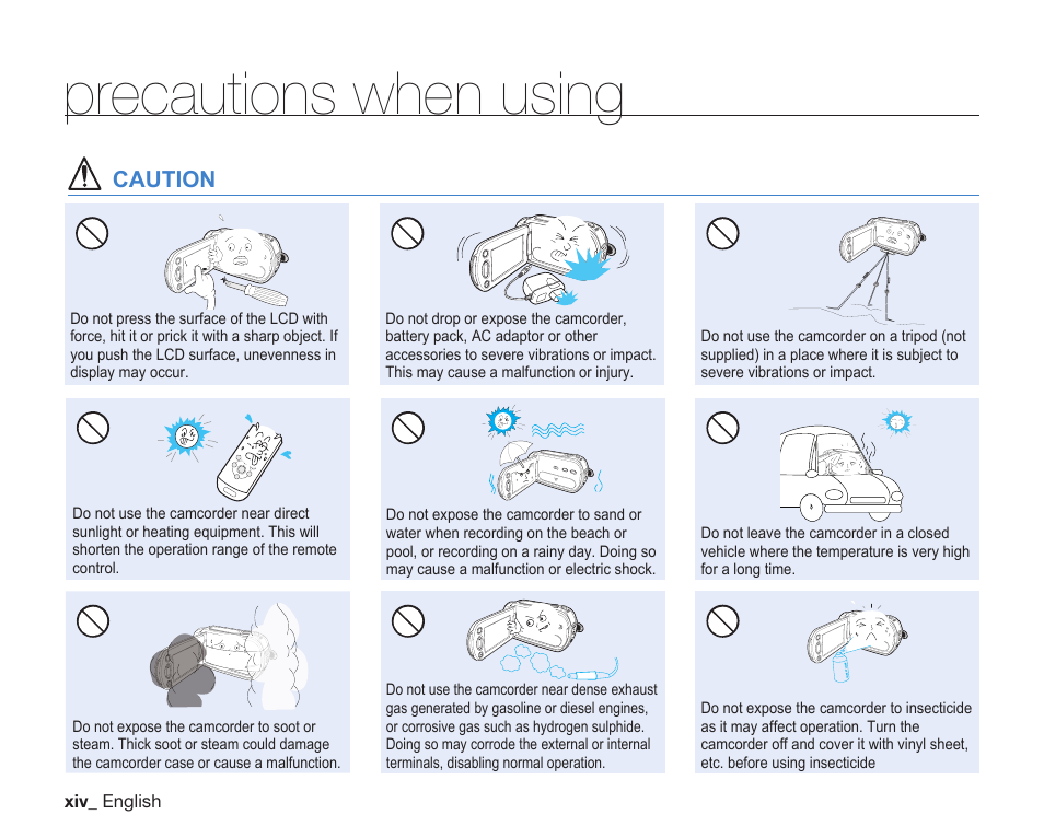 Precautions when using, Caution, Xiv _ english | Samsung SC-DX200 User Manual | Page 14 / 147