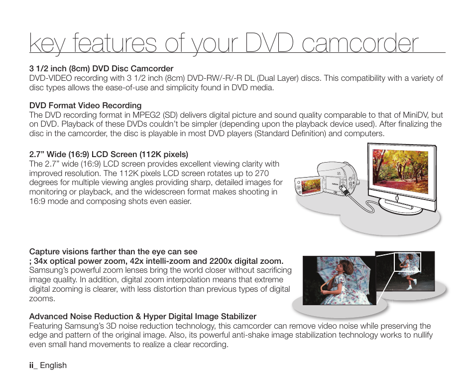 Key features of your dvd camcorder | Samsung SC-DX200 User Manual | Page 2 / 147