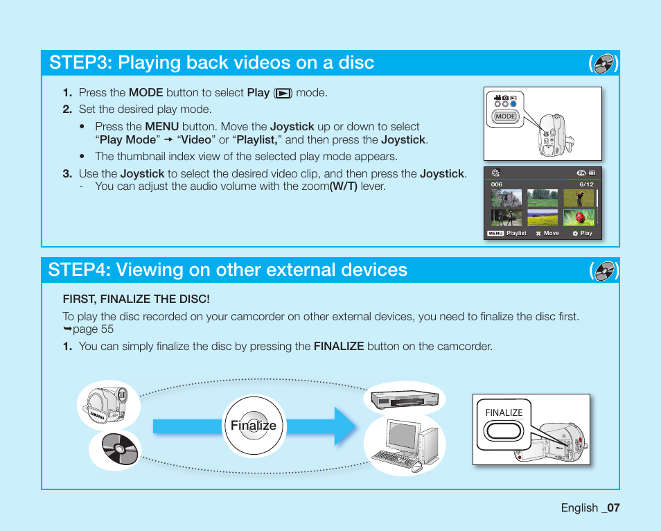 Step4: viewing on other external devices ( ), Step3: playing back videos on a disc ( ) | Samsung SC-DX200 User Manual | Page 21 / 147