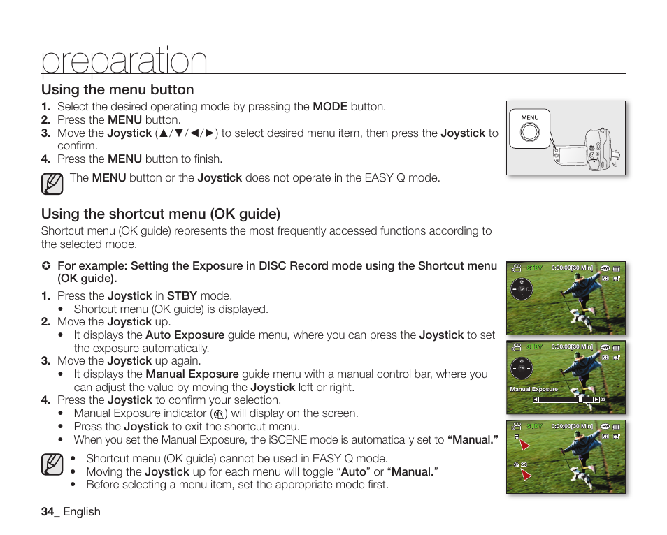 Preparation, Using the menu button, Using the shortcut menu (ok guide) | Samsung SC-DX200 User Manual | Page 48 / 147