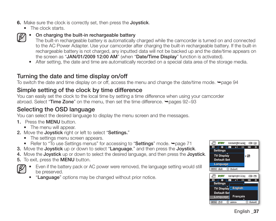 Turning the date and time display on/off, Simple setting of the clock by time difference, Selecting the osd language | Samsung SC-DX200 User Manual | Page 51 / 147