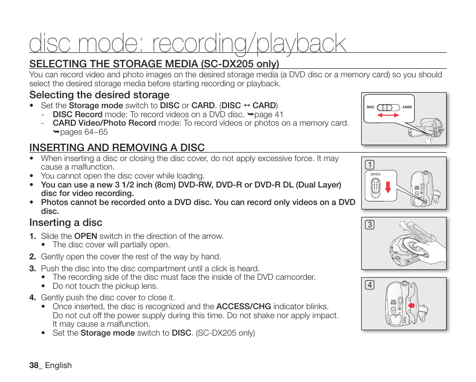 Disc mode: recording/playback, Selecting the storage media (sc-dx205 only), Inserting and removing a disc | Selecting the desired storage, Inserting a disc | Samsung SC-DX200 User Manual | Page 52 / 147