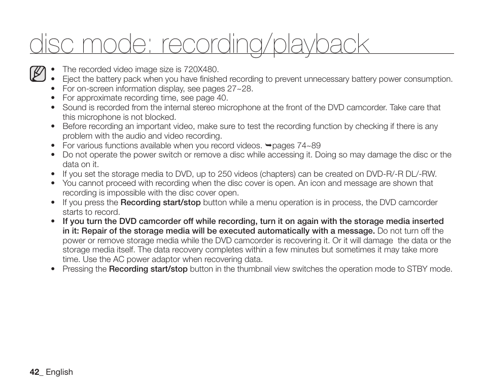 Disc mode: recording/playback | Samsung SC-DX200 User Manual | Page 56 / 147