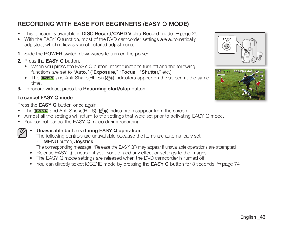 Recording with ease for beginners (easy q mode) | Samsung SC-DX200 User Manual | Page 57 / 147