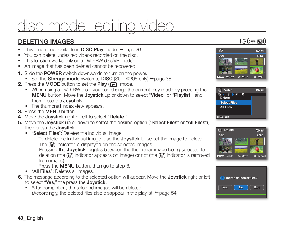 Disc mode: editing video, Deleting images, Deleting images ( ( )) | Samsung SC-DX200 User Manual | Page 62 / 147