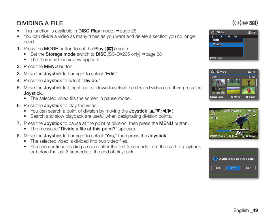 Dividing a file, Dividing a file ( ( )) | Samsung SC-DX200 User Manual | Page 63 / 147