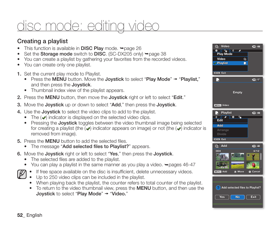 Disc mode: editing video, Creating a playlist | Samsung SC-DX200 User Manual | Page 66 / 147