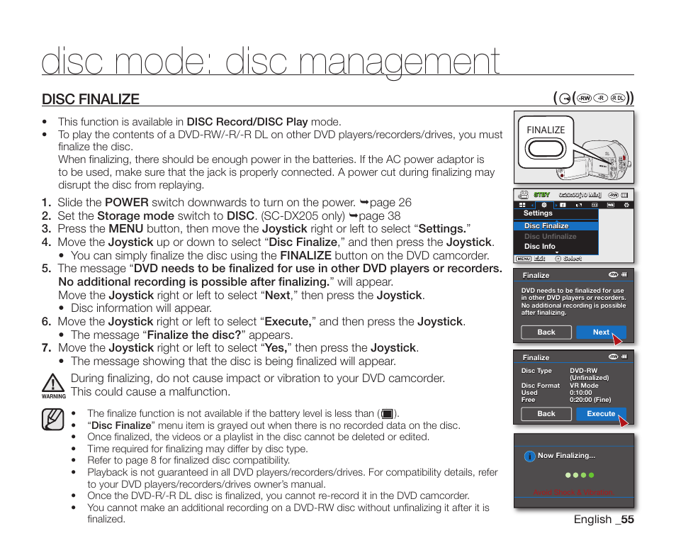 Disc mode: disc management, Disc finalize | Samsung SC-DX200 User Manual | Page 69 / 147