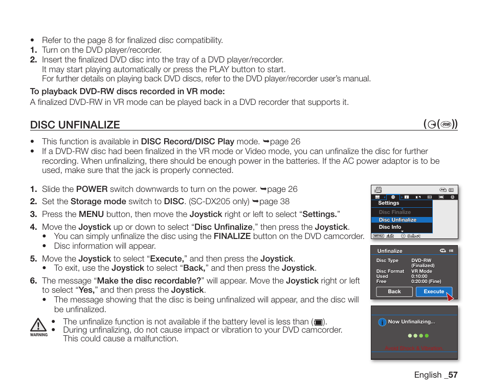 Disc unfinalize, Disc unfinalize ( ( )) | Samsung SC-DX200 User Manual | Page 71 / 147