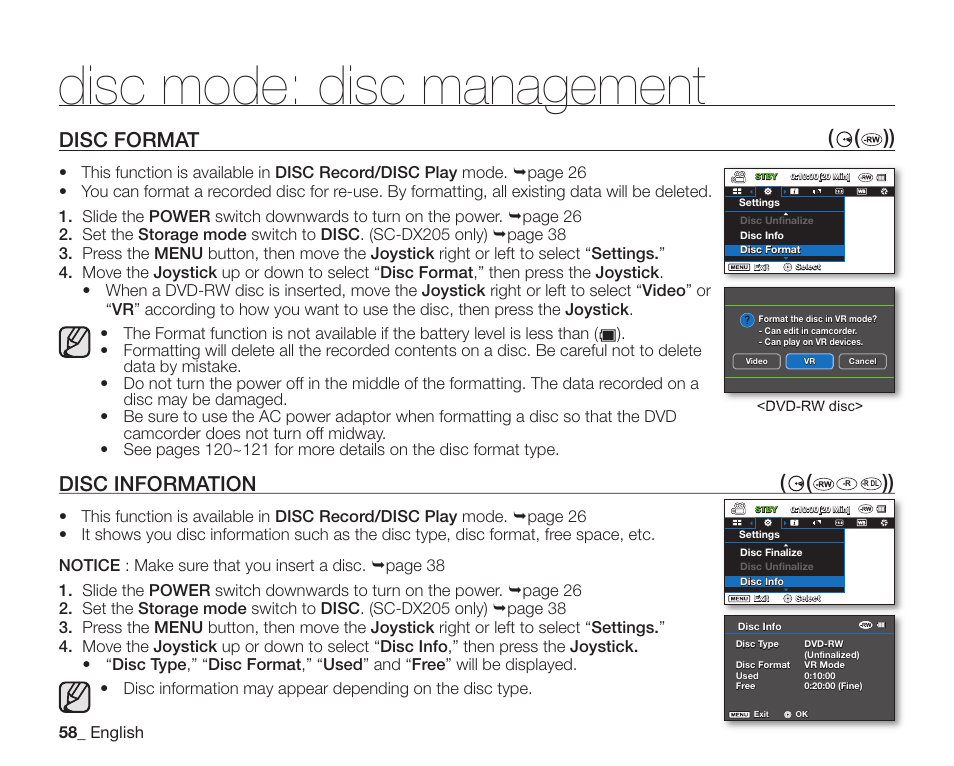 Disc format, Disc information, Disc mode: disc management | Disc format ( ( )) | Samsung SC-DX200 User Manual | Page 72 / 147