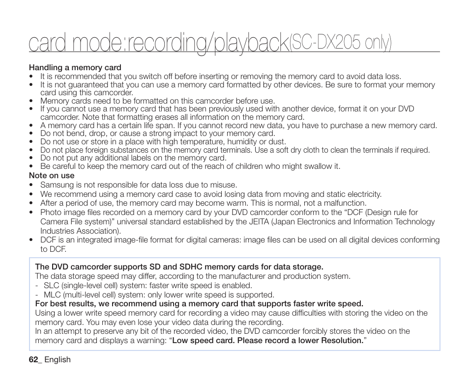 Card mode:recording/playback, Sc-dx205 only) | Samsung SC-DX200 User Manual | Page 76 / 147