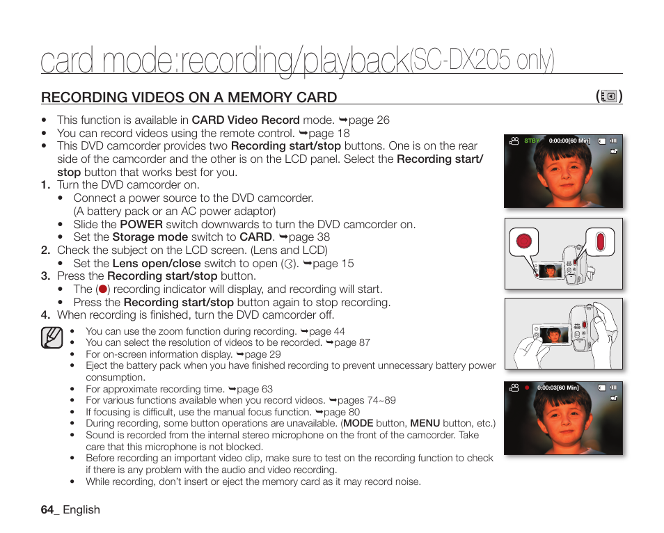 Recording videos on a memory card, Card mode:recording/playback, Sc-dx205 only) | Samsung SC-DX200 User Manual | Page 78 / 147