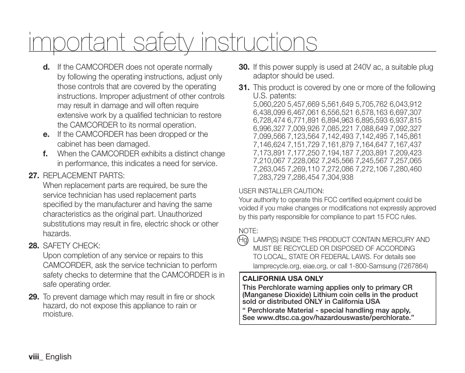 Important safety instructions | Samsung SC-DX200 User Manual | Page 8 / 147