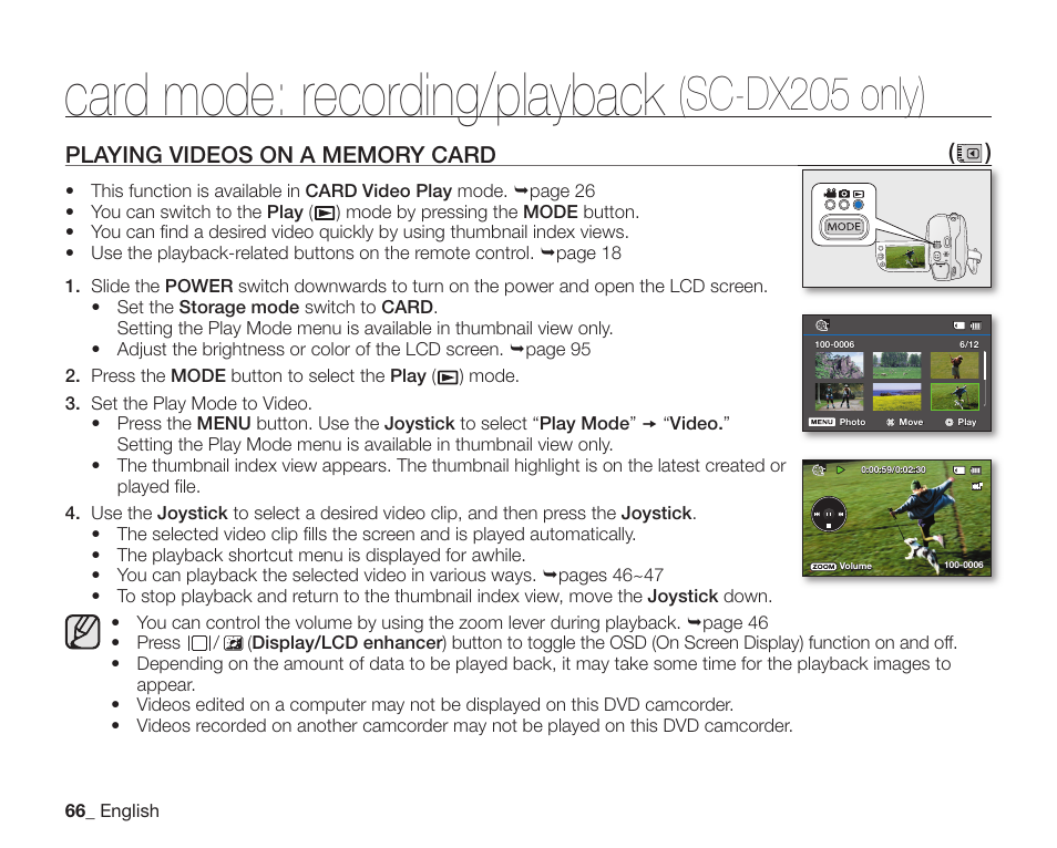 Playing videos on a memory card, Card mode: recording/playback, Sc-dx205 only) | Samsung SC-DX200 User Manual | Page 80 / 147