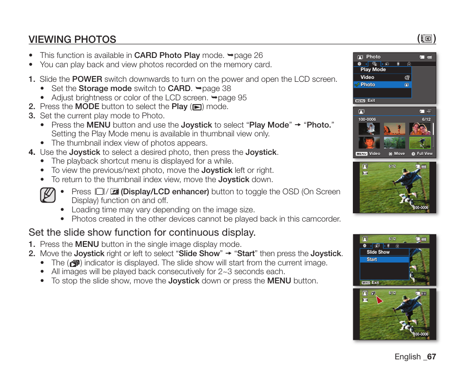 Viewing photos, Viewing photos ( ), Set the slide show function for continuous display | Samsung SC-DX200 User Manual | Page 81 / 147