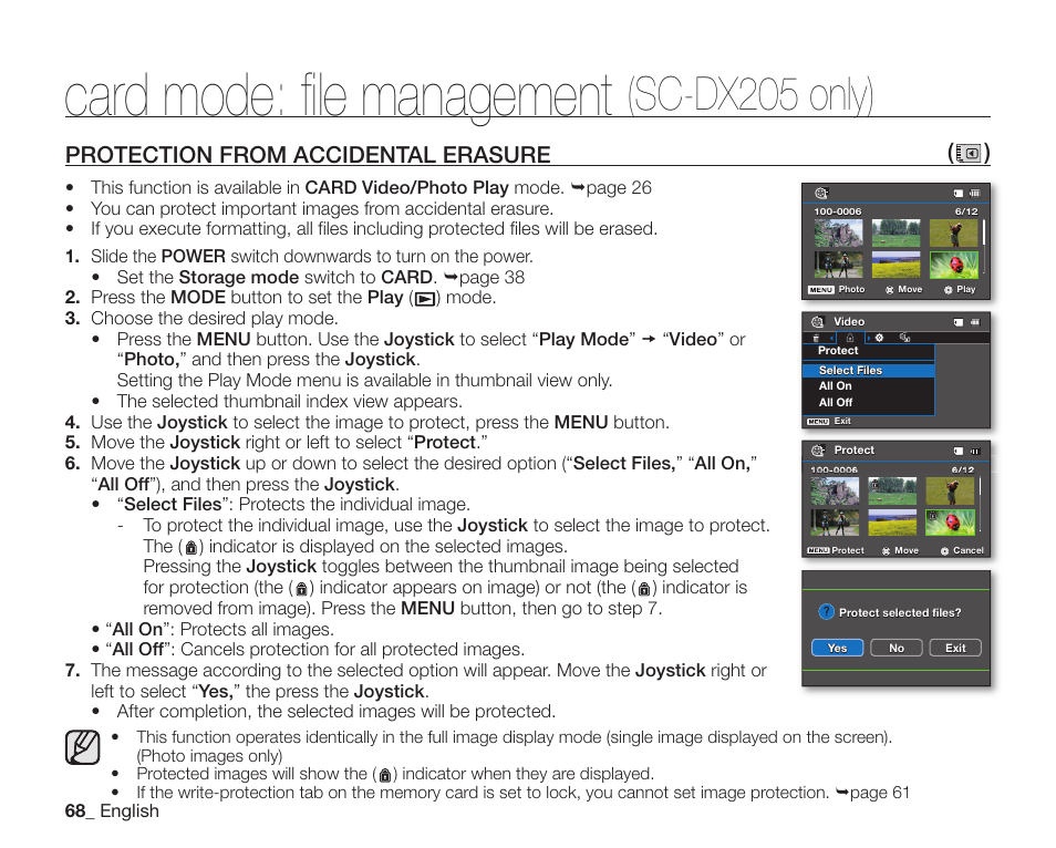 Card mode: file management (sc-dx205 only), Protection from accidental erasure, Card mode: file management | Sc-dx205 only), Protection from accidental erasure ( ) | Samsung SC-DX200 User Manual | Page 82 / 147