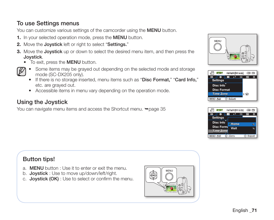 Button tips, Using the joystick | Samsung SC-DX200 User Manual | Page 85 / 147