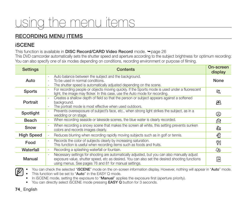 Recording menu items, Using the menu items, Recording menu items iscene | Samsung SC-DX200 User Manual | Page 88 / 147